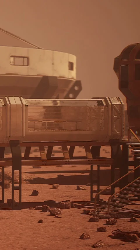 Future colony structure on Mars with spacecraft and steps for access Stock Footage 337946331