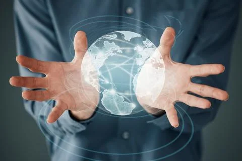 Future, communication and globe with hands of businessman for digital Stock Photos