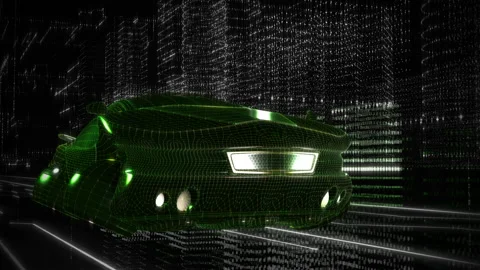 Future computer program visualising the green vehicle passing the digital world Stock Footage 229921891