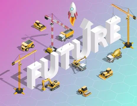 Future concept with construction machinery building typography and rocket l.. Stock Illustration