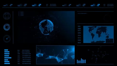 Future concept virtual touch user interface HUD with a world map, graphs 库存影片 78557056