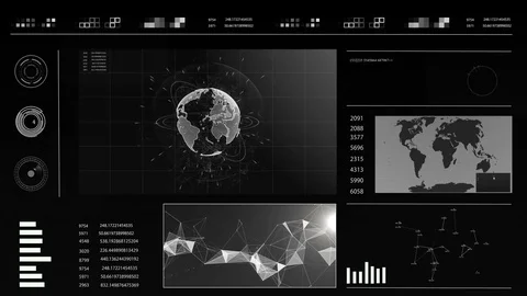 Future concept virtual touch user interface HUD with a world map, graphs Stock Footage 78557280