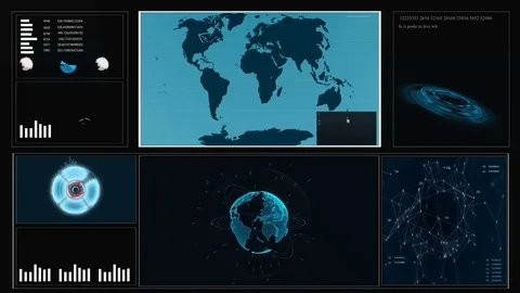 Future concept virtual touch user interface HUD with a world map, graphs Stock Footage 78590428
