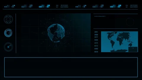Future concept virtual touch user interface HUD with a world map, graphs Stock Footage 78626371
