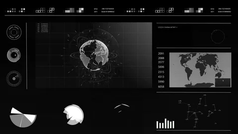 Future concept virtual touch user interface HUD with a world map, graphs Stock Footage 78658423
