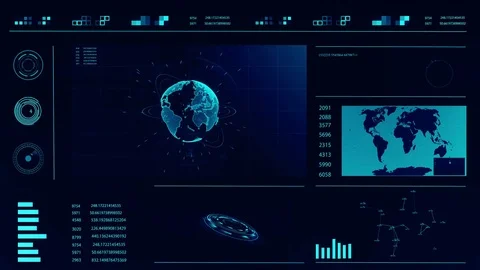Future concept virtual touch user interface HUD with a world map, graphs Stock Footage 78658638