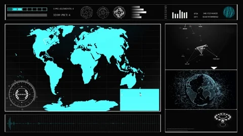 Future concept virtual touch user interface HUD with a world map, graphs Video stock 85004640