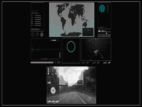 Future concept virtual touch user interface HUD with a world map, graphs Stock Footage 85045750
