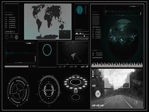 Future concept virtual touch user interface HUD with a world map, graphs Video stock 85046204
