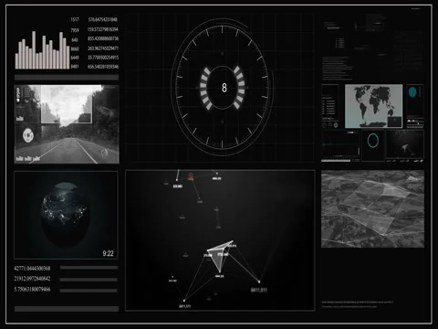 Future concept virtual touch user interface HUD with a world map, graphs Stock Footage 85046333
