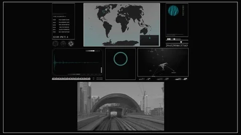 Future concept virtual touch user interface HUD with a world map, graphs Stock Footage 85303725
