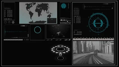 Future concept virtual touch user interface HUD with a world map, graphs Видео 85304333