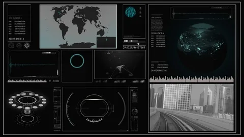Future concept virtual touch user interface HUD with a world map, graphs Stock Footage 85304595