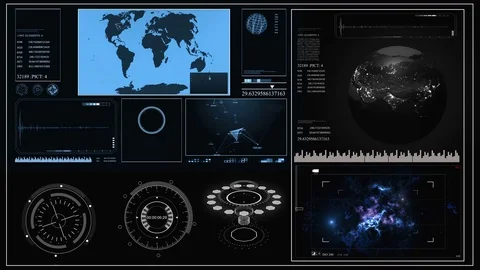 Future concept virtual touch user interface HUD with a world map, graphs Stock Footage 85336150