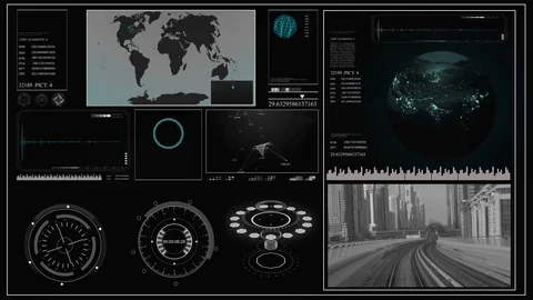 Future concept virtual touch user interface HUD with a world map, graphs Stock Footage 85382993