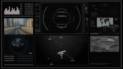 Future concept virtual touch user interface HUD with a world map, graphs 库存影片 85383426