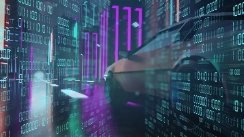 Future coupe entering, rims glowing and binary code sliding, cam dollying, Stock Footage 334858405