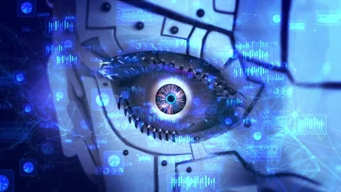Future cyber security data protection biometrics scanning human eye unlock give Stock Footage 333972141