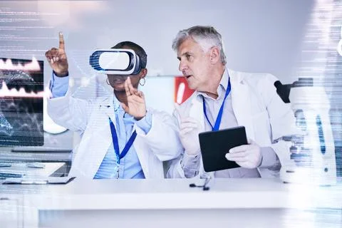 Future, data and scientist team with virtual reality, overlay and digital Stock Photos
