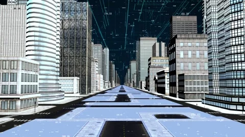Future digital smart city high-rise model Street shuttle Stock Footage 142045794