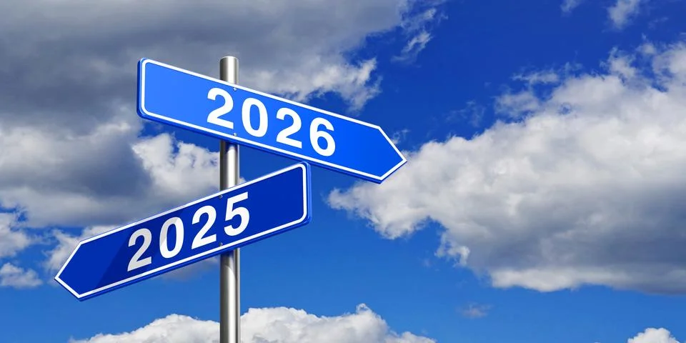 Future Direction And Decision Concept. Blue Signposts Marked 2025 And 2026 .. Stock Illustration