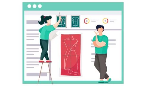 Future dress planning. Pattern of clothes for custom tailoring. Girl drawing a Illustrazione stock