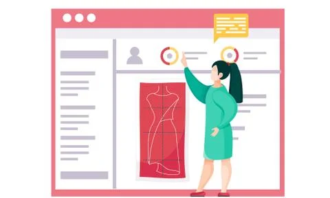 Future dress planning. Pattern of clothes for custom tailoring. Girl points to Illustrazione stock