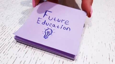 FUTURE EDUCATION text, inscription, note on sheets of paper,teaching, science. Stock Footage 314340639