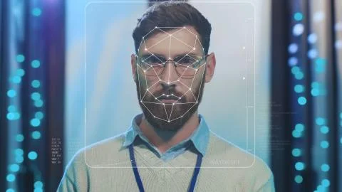 Future Face Detection. Face ID. High Tech Biometric Facial Recognition 스톡 사진