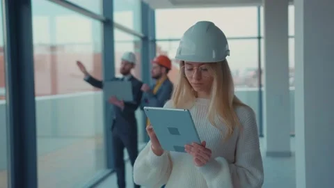 Future. Face ID. Portrait of Cheerful Beautiful Blonde Woman Engineer Architect Stock Footage 131176622