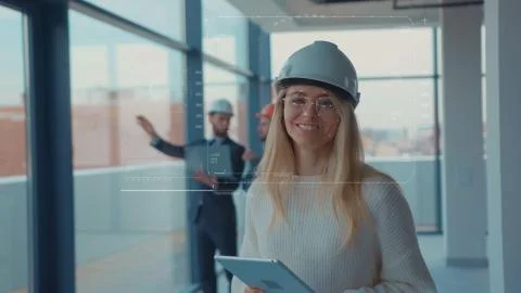 Future. Face ID. Portrait of Cheerful Beautiful Blonde Woman Engineer Architect Stock Photos
