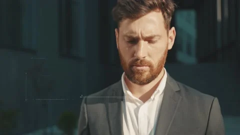 Future. Face ID. Technological Biometric Scanning Portrait of Fired Unhappy Stock Footage 131176481