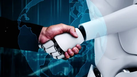 Future financial technology controll by AI robot huminoid uses machine learning Stock Footage 215652247