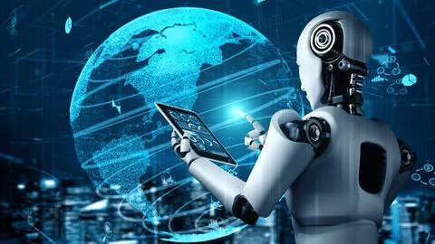 Future financial technology controll by AI robot huminoid uses machine learning Stock Illustration