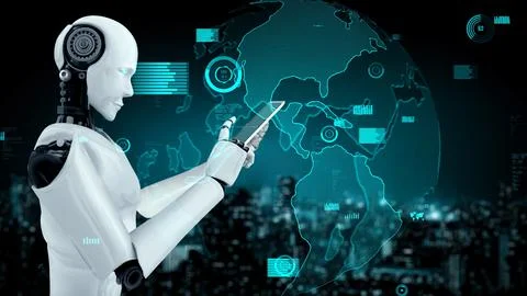 Future financial technology controll by AI robot huminoid uses machine learning Stock Illustration