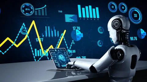 Future financial technology controll by AI robot huminoid uses machine learning Illustrazione stock