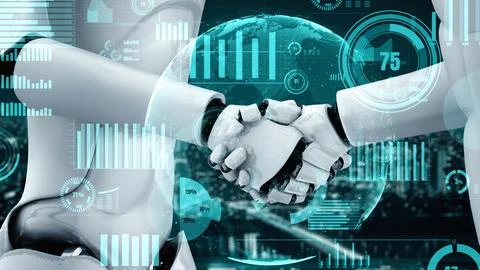 Future financial technology controll by AI robot huminoid uses machine learning 스톡 일러스트