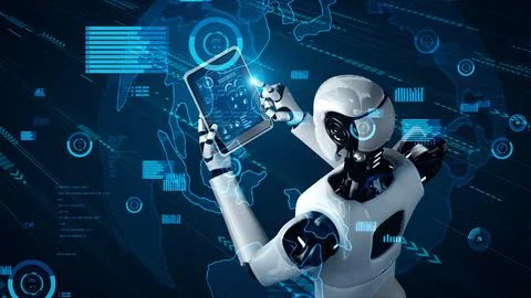 Future financial technology controll by AI robot huminoid uses machine learning Stock Illustration