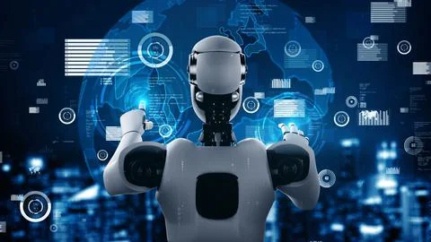 Future financial technology controll by AI robot huminoid uses machine learning Stock Illustration
