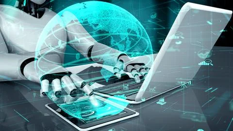 Future financial technology controll by AI robot huminoid uses machine learning Stock Illustration