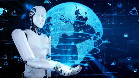 Future financial technology controll by AI robot huminoid uses machine learning イラスト素材