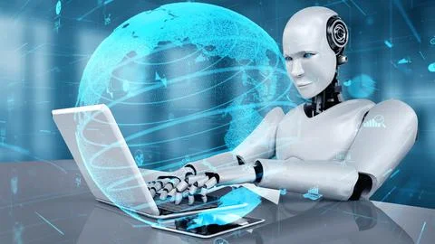 Future financial technology controll by AI robot huminoid uses machine learning Stock Illustration
