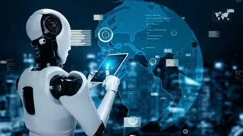 Future financial technology controll by AI robot huminoid uses machine learning Stock Illustration