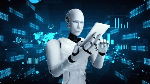 Future financial technology controll by AI robot huminoid uses machine learning イラスト素材