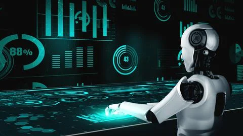 Future financial technology controll by AI robot huminoid uses machine learning Stock Illustration