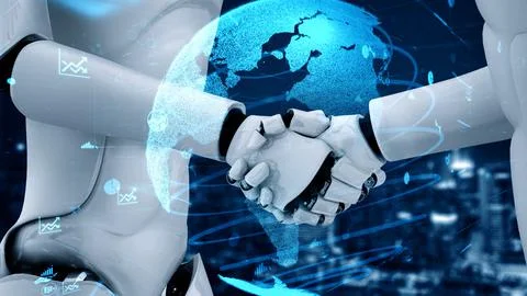 Future financial technology controll by AI robot huminoid uses machine learning Illustrazione stock