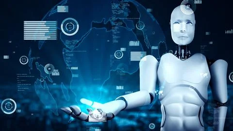 Future financial technology controll by AI robot huminoid uses machine learning Illustrazione stock