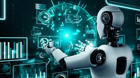 Future financial technology controll by AI robot huminoid uses machine learning Illustrazione stock