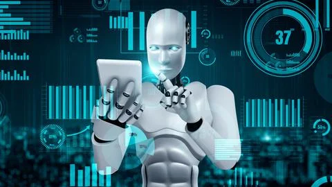 Future financial technology controll by AI robot huminoid uses machine learning 스톡 일러스트