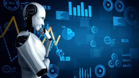 Future financial technology controll by AI robot huminoid uses machine learning 스톡 일러스트